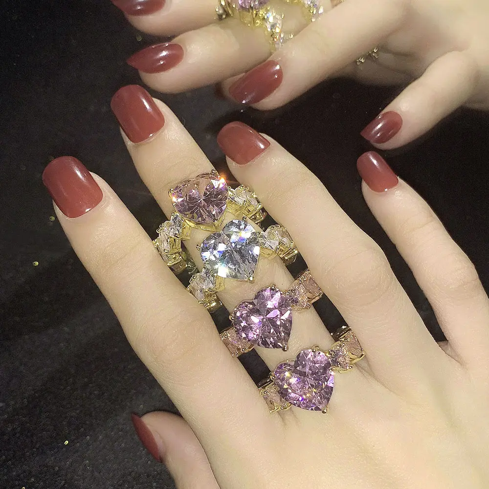 Anelli classici con zirconi bianchi a forma di cuore gioielli da sposa da donna anello di fidanzamento in oro 18 carati scintillante con zirconi rosa