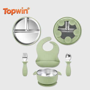 Juego de 5 utensilios de alimentación para niños, plato dividido, babero, tazón, cuchara, tenedor, libre de BPA, silicona duradera, fuerte succión, juego de cena para bebés - Product Image 1