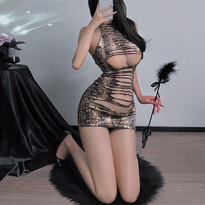 Lencería erótica de una pieza con estampado de serpiente único, sexy, sin espalda, tipo halter, para parejas, camisón para mujer - Product Image 1