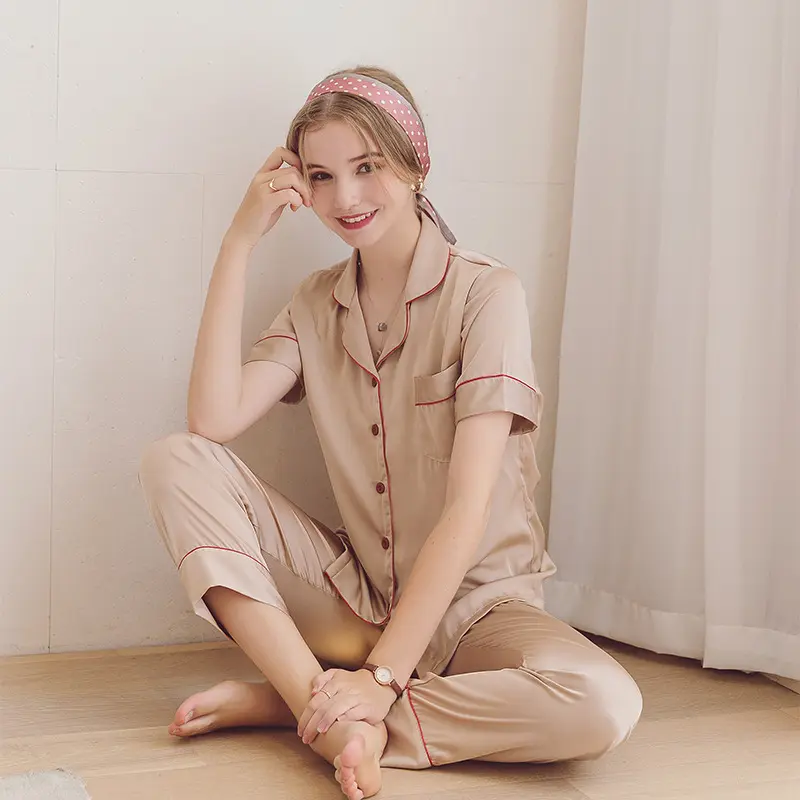 新作ファッション韓国版アイスシルク長袖キュートセクシーツーピース女性プラスサイズパジャマセットパジャマ