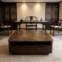 Table Basse de Luxe Moderne en Marbre Naturel Marron Foncé avec Tiroirs, Meuble de Salon, Ensemble de Tables Basses à Grands Socles