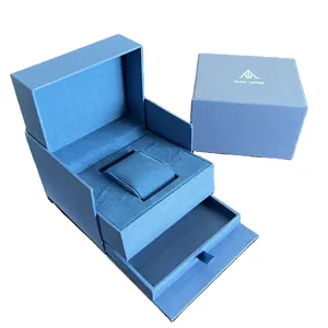 Caja deslizante de terciopelo para reloj del Día del Padre, cajón de forro de almohada, dos piezas separadas, caja de embalaje de papel de aluminio dorado, regalo azul