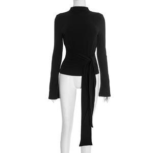 Viviblook Y25TP437 vente chaude Vintage femmes T-shirt nouveau cou couleur unie manches évasées taille cintrage haut noué - Product Image 1