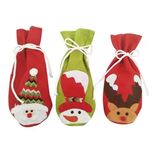 Snowing Christmas Santa Claus Doll Face Patchwork Wine Bottle Cover Holiday Party Table Decorations