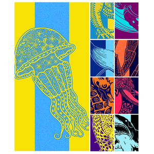 Serviette de plage XL surdimensionnée en microfibre recyclée, colorée, rayée, bleue et jaune, personnalisable avec logo, vente en gros - Product Image 1