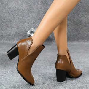 Bottines Chelsea à bout pointu en cuir véritable, bottines à enfiler pour femmes, tendance automne, talon épais - Product Image 2