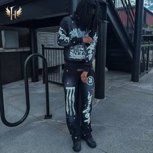 Custom Men Heavy Fleece Half <b>Spray</b> Washing Cropped Screen Flare Sweatpants Hoodie <b>Sets</b> Vintage - Product Image 4