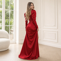 Robe de soirée élégante en satin rouge à col carré, manches longues, style corset, froncée, avec fente haute, longueur ras du sol, pour fêtes, vente en gros sur mesure