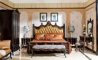 Lit de chambre à coucher robuste en bois massif sculpté, style rétro classique américain, avec revêtement en tissu floral, disponible en tailles King et Queen, pour hôtel.
