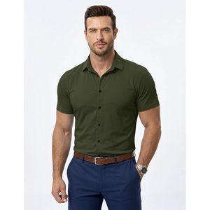 FOXA Men's Muscle Fit Short Sleeve Dress Shirt High Stretch Wrinkle Free Summer Casual Button <b>Down</b> Shirt - Product Image 2
