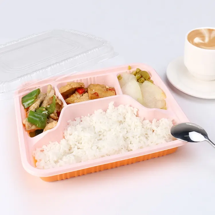 4 Termoformado Bandejas de Comida de Plástico Descartável Takeaway Recipientes compartimento Bento Lunch box Com Tampa