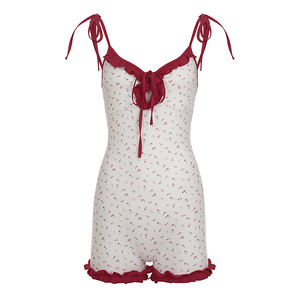 Combinaison Courte Tricotée Respirante Anti-statique à Bretelles Fines et Volants, Taille Basse, Motif Floral Colorblock pour Femme - Product Image 5