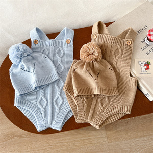 Çapraz sınır bebek örgü tulum ile kayış yelek bahar sonbahar pamuk şapka seti erkek kız katı desen Snap düğmesi kapatma - Product Image 3