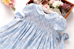 OEM fatto a mano neonate abiti smocked blu fiore floreale estate boutique di cotone all'ingrosso - Product Image 2