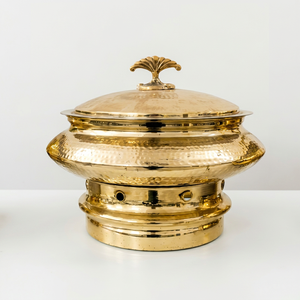 Classic Brass Hand-Hammered <b>Buffet</b> <b>Warmer</b> Featuring a Tiered Dome Lid Shell-Shaped Finial and a solid circular pedestal base - Product Image 1