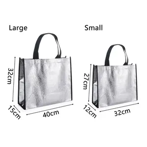 Su ordinazione di modo impermeabile eco-friendly argento metallico lucido laminazione laser tote non tessuto shopping bag