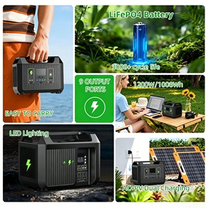Générateur solaire portable 1200W 1000Wh, batterie LiFePO4, onde sinusoïdale pure, MPPT, lampe de poche, charge sans fil SUPSRSAFE - Product Image 2