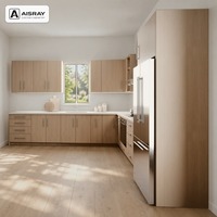 Meuble de cuisine moderne en placage de bois avec portes à battants, aménagement en L, boîtes de rangement en MDF, unités modulaires et rangements extractibles