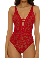 Fabricant de bikinis sur mesure : Bikini durable rouge en dentelle crochetée, décolleté en V profond, bretelles ajustables, dos ouvert à nouer, taille haute cintrée