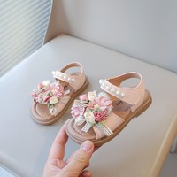 Sandales de princesse pour petites filles, sandales de plage d'été à bout ouvert avec nœud floral et perles, semelle souple pour bébés et jeunes enfants