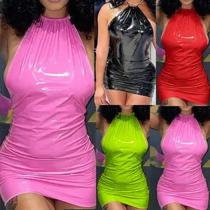 dropshipping women's clothing ladies candy color faux leather dress nightclub backless halterneck wrap hip slim sexy mini skirts