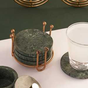 Ensemble de sous-verres en marbre faits à la main, sous-verres en pierre blanche et verte avec support en métal, sous-verres pour boissons, protection de table moderne - Product Image 2