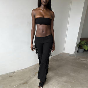 Viviblook Z313ST01 Ensemble d'été pour femmes, nouveau haut court sexy sans manches et sans bretelles, pantalon à franges, ensemble deux pièces - Product Image 5