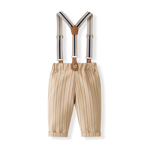 Catpapa Vente en gros Ensemble pour tout-petit garçon : Barboteuse unie, <span class=keywords><strong>Pantalon</strong></span> à bretelles rayé kaki, Nœud papillon et Chapeau - Product Image 6