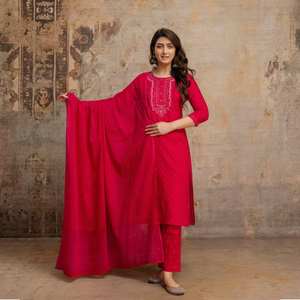 Premium Rani Pink 60x60 Cotton Handwork Suit Set with Embroidered Straight <b>Kurta</b> Matching Pants and Dupatta for <b>Women</b> - Product Image 1