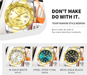 นาฬิกา JM สำหรับผู้หญิง เรียบง่าย สบายๆ แฟชั่นนักเรียน ควอตซ์ ประดับเพชร สายเหล็ก ปฏิทิน ชุดสีทอง นาฬิกาผู้ชาย นาฬิกาคู่ - Product Image 2