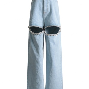 กางเกงยีนส์ขายดีทรงคาร์โก้เอวสูงขากว้างสำหรับผู้หญิง ผ้าเดนิมฟอกลายเพชรแบบโปร่ง มีกระเป๋าหลายช่อง ยืดได้ - Product Image 3