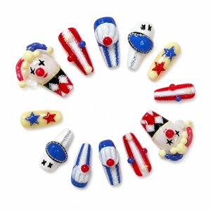 Faux ongles en verre faits main, motif clown, ensemble patriotique coloré, étoiles scintillantes, rouge, blanc, bleu, décoration de fête - Product Image 3