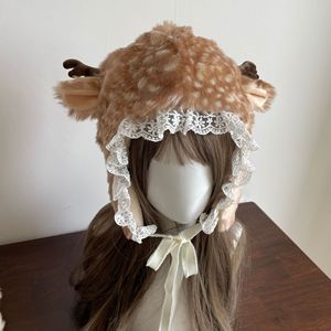 Women's Cute Deer <b>Ear</b> Faux Fur Hat Winter Warm Plush Hood Lace Trim Animal Style Hat Wholesale - Product Image 3