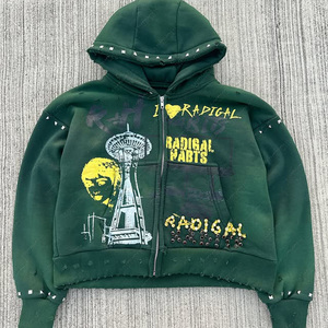 Streetwear personnalisé surdimensionné strass Rivet en détresse impression numérique sweat à capuche zippé soleil délavé à l'acide sweats à capuche unisexe été - Product Image 3