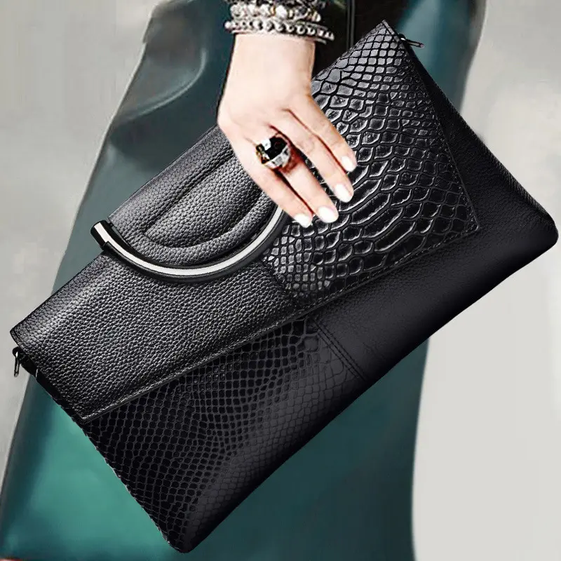 Large high-end genuine leather clutch long strap round handle elegant snake cow leather crossbody bag purse for women