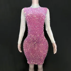 Vestido de cóctel rosa con lentejuelas brillantes, vestido de noche de cuello alto con diamantes brillantes