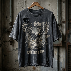 <span class=keywords><strong>Camiseta</strong></span> Gris Oscuro Vintage Lavado Pesado con Efecto Desgastado, Estampado de Guitarra Águila <span class=keywords><strong>Sonic</strong></span> Rebellion, Personalizada OEM al por Mayor - Product Image 3