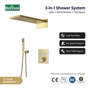 Brushed Gold Concealed <b>Shower</b> <b>System</b> Dual Function Waterfall Spout in Wall Mounted Square Rain Head Hand <b>Shower</b> Brass - Product Image 1
