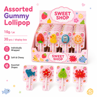 Assorted Shape Gummy Lollipop 10g Mixed Fruit Flavor Sugar Coated Soft Candy Display Box