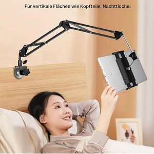 Support de tablette et de téléphone portable en gros pour lit, bureau, tête de lit, base en alliage d'aluminium, bras réglable pour appareils de 4,5 à 12,9 pouces, usage domestique - Product Image 2