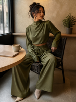 Ensemble deux pièces pour femmes Joydressing, haut court à col haut ivoire, pantalon large à nouer à la taille, vente en gros