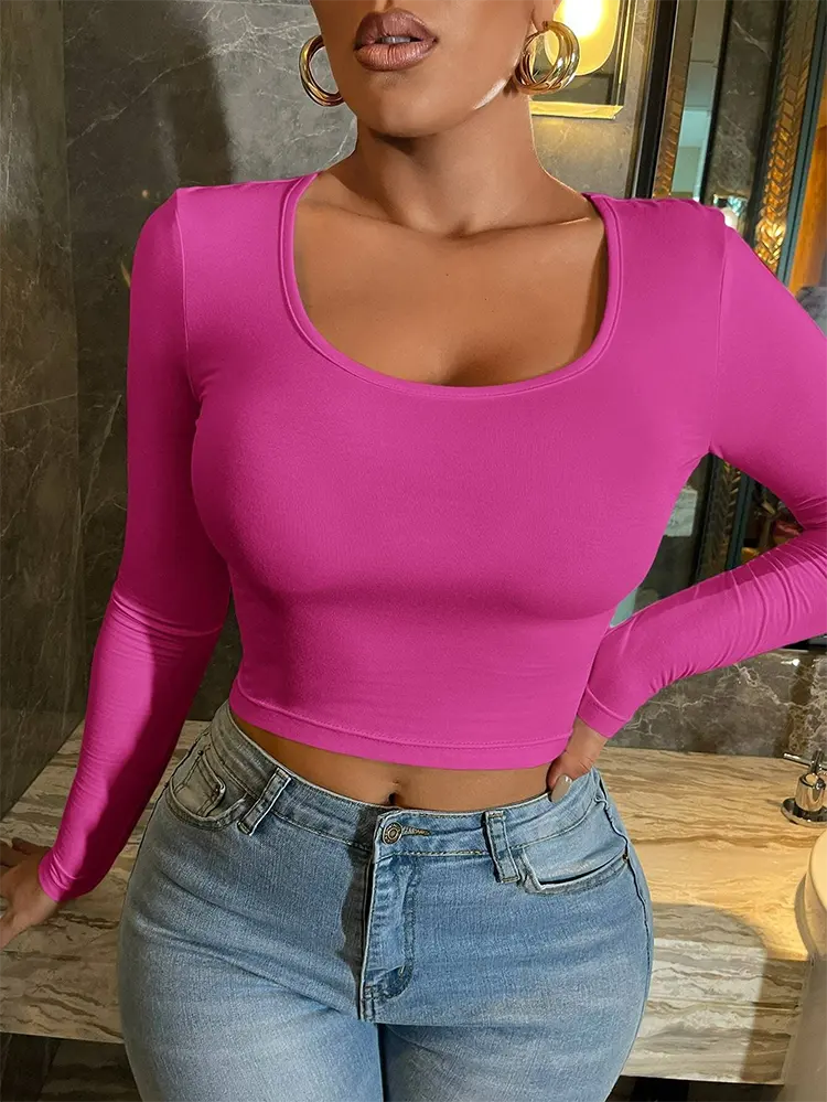 Custom Logo Long Sleeve Crop Tops for Women Cotton Scoop Neck Basic Tees Slim Fitted Cropped T Shirts