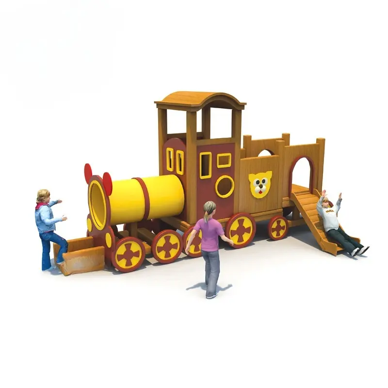 Открытый деревянный дом детский парк развлечений оборудование поезд тема красивый дизайн площадка горки