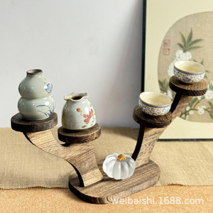 Burnt Paulownia <b>Wood</b> Desktop Storage Shelf <b>Solid</b> <b>Wood</b> Tea Set Holder Display Rack For Teapot Teacups Jianzhan - Product Image 4