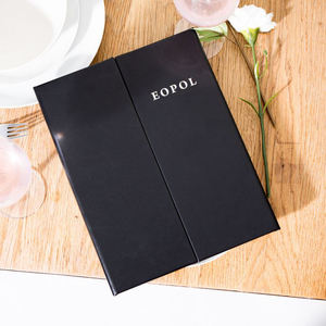 Menu personnalisé en similicuir et format café, présentoir de menu en cuir à trois pages avec intérieurs fixes, pour vins et plats - Product Image 6