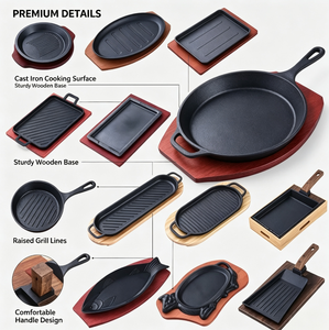 Sartén para carne con forma de <span class=keywords><strong>toro</strong></span> de hierro fundido, plato antiadherente para restaurante a la parrilla y chisporroteo con bandeja de madera, sartenes - Product Image 4