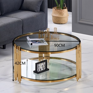 Đồ Nội Thất Phòng Khách Bằng Thép Không Gỉ Thiết Kế Hiện Đại Bàn Cà Phê Tròn Vàng Mặt Kính Màu Đen Sang Trọng - Product Image 3