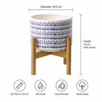 Pot de fleurs en céramique YBH Boho Minimalist Decor avec support en bois, motif bleu et blanc, pour intérieur et extérieur