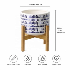 Chậu cây gốm trang trí nhà cửa phong cách Boho tối giản YBH với giá đỡ gỗ, họa tiết xanh trắng, dùng được trong nhà và ngoài trời - Product Image 3