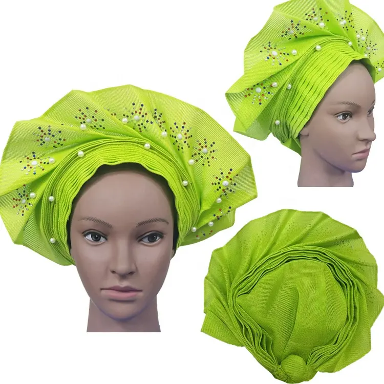 Afrika Head Tie Aso Oke Wanita Mewah Kepala Sego Manik-manik Headtie Di Saham Auto Gele Wanita Headtie